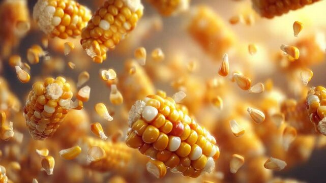 Close-up view of floating corn kernels with a blurred background, showcasing their texture and color