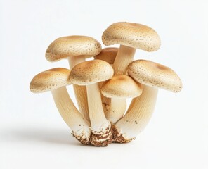 Cluster of mushrooms, light beige caps, slender stems