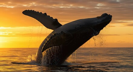 Fototapeta premium Majestic Humpback Whale Breaching at Sunset: A Spectacle of Nature's Grandeur