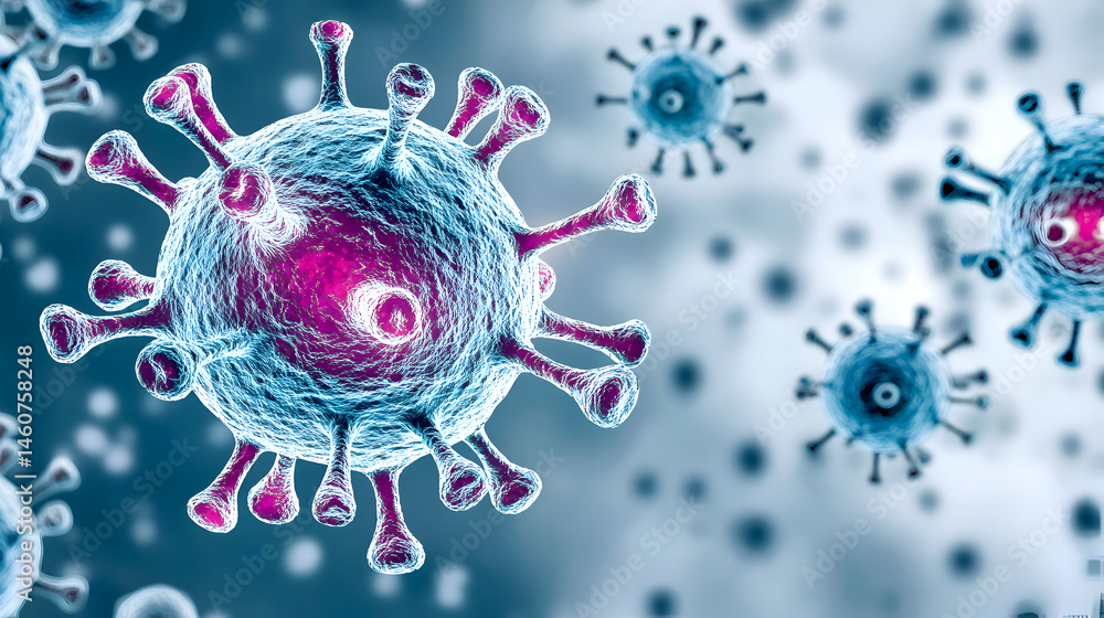 Poster microscopic view of a cluster of viruses, detailed 3d rendering of coronavirus particles. ideal for 