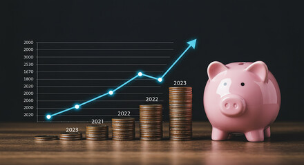 Financial Growth Concept with Ascending Stacks of Gold Coins, Blue Upward Trending Chart with Percentage Markers, and Pink Piggy Bank on Wooden Table