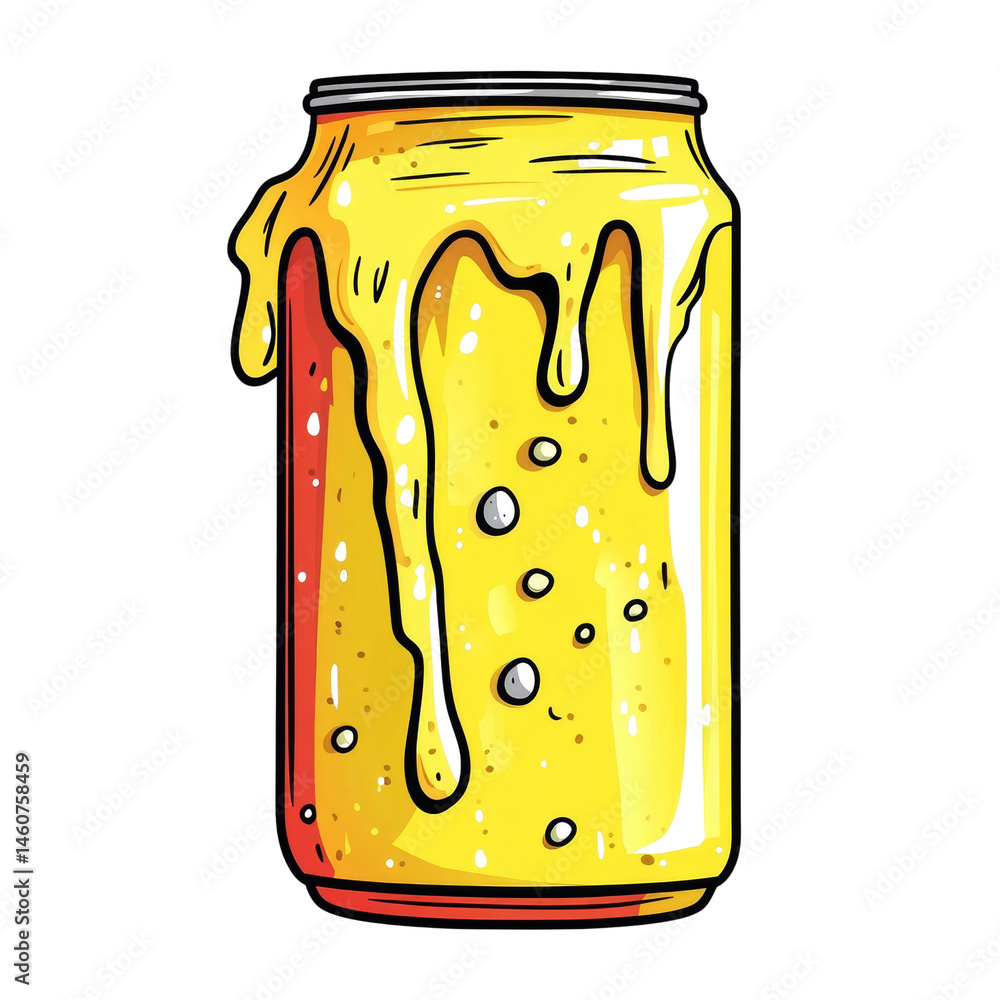 Poster illustrative beverage can with dripping golden liquid, creating a refreshing and visually appealing 