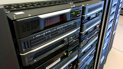 Obraz premium Stacked Server Units with Glowing Lights and Vents in Data Cente