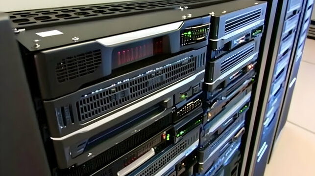 Stacked Server Units with Glowing Lights and Vents in Data Cente