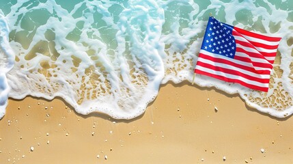 Obraz premium Flag Day Beach Background: Red Flags Dance with the Waves under the Sun, Spreading a Joyful Summer Anthem of Golden Sands, Blue Seas and Fluttering Flags