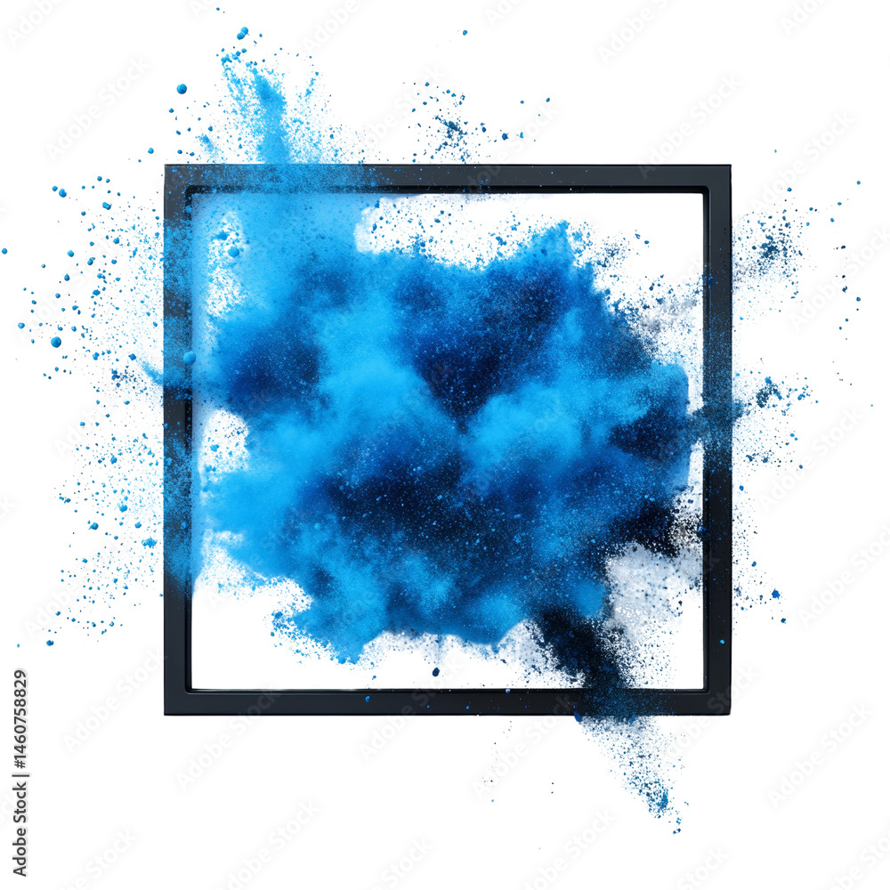 Aufkleber explosive vibrant cloud of turquoise powder within a sleek square frame composition, isolated on tra