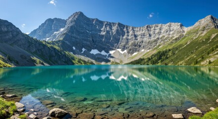 Majestic alpine lake, reflecting mountains