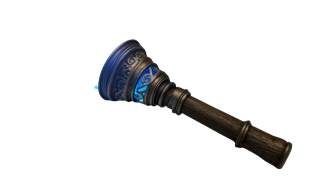 Enchanting fantasy magical scepter with intricate carvings and a mesmerizing blue glow, rendering in isolation