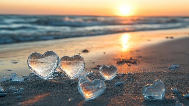 Clear glass hearts on a sandy beach at sunset