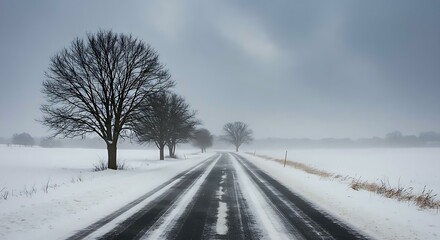 Obraz premium Snowy Winter Road on a Cold Day – Seasonal Landscape Scene