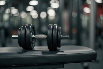 Fototapeta premium Heavy dumbbell rests on a gym bench.
