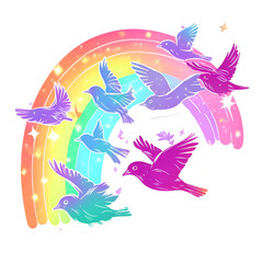 Fototapeta premium Colorful birds soaring beneath a vibrant rainbow nature illustration whimsical style bright environment