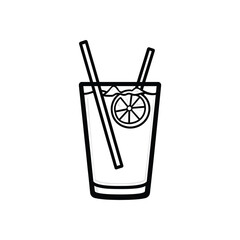 Outline style glass with orange slice and straws on transparent background