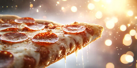 Single Slice of Pepperoni Pizza Against Sparkling Light Background

