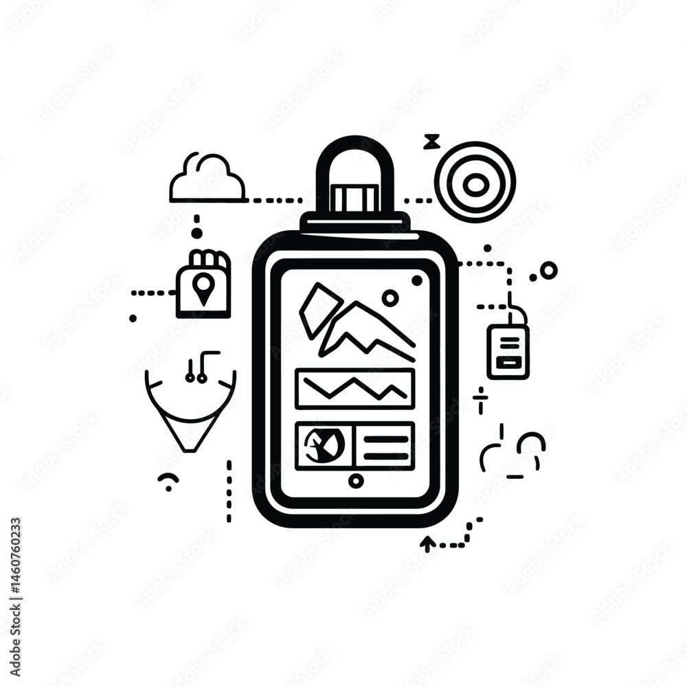 Poster outline tablet with mountain, graphs and location icon on transparent background