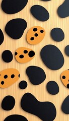 Abstract, organic shapes in black and orange, on a light brown background