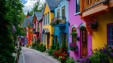 Fototapeta premium Mont-Tremblant village in Quebec, colorful buildings and surrounding nature