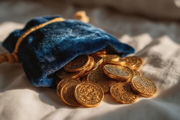 Ancient Treasure: A pouch spills out, revealing a gleaming horde of gold coins on an old texture, evoking tales of adventure and riches.