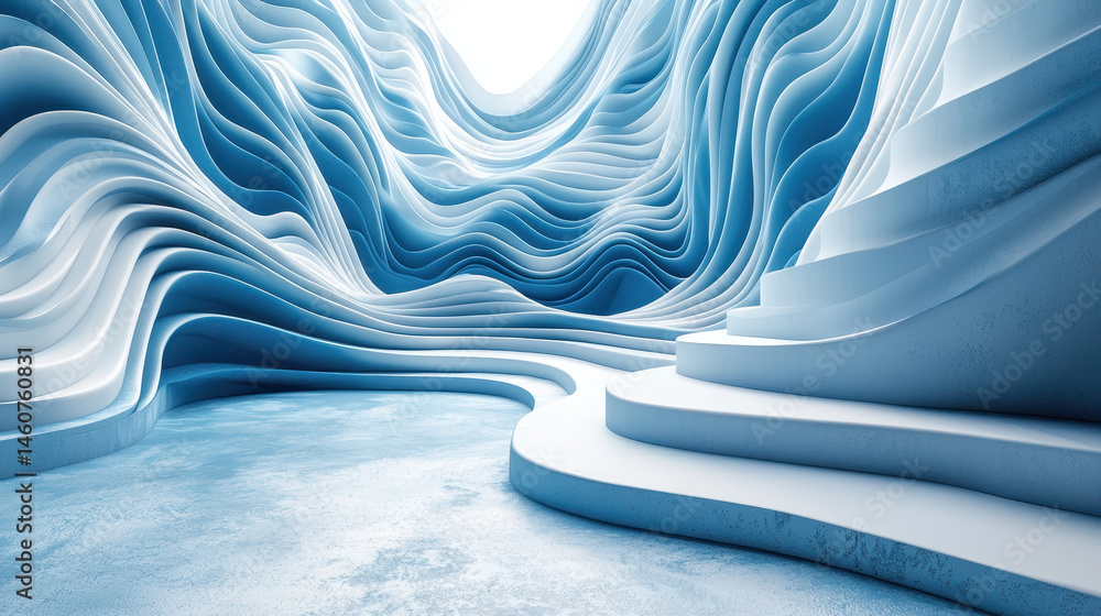 Poster a realistic 4k side angle view of a surreal 3d background showcasing artistic flowing lines and shap