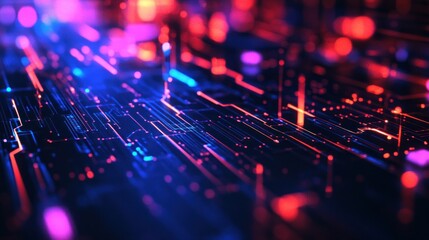 Obraz premium Abstract circuit board design with glowing lines and vibrant colors.