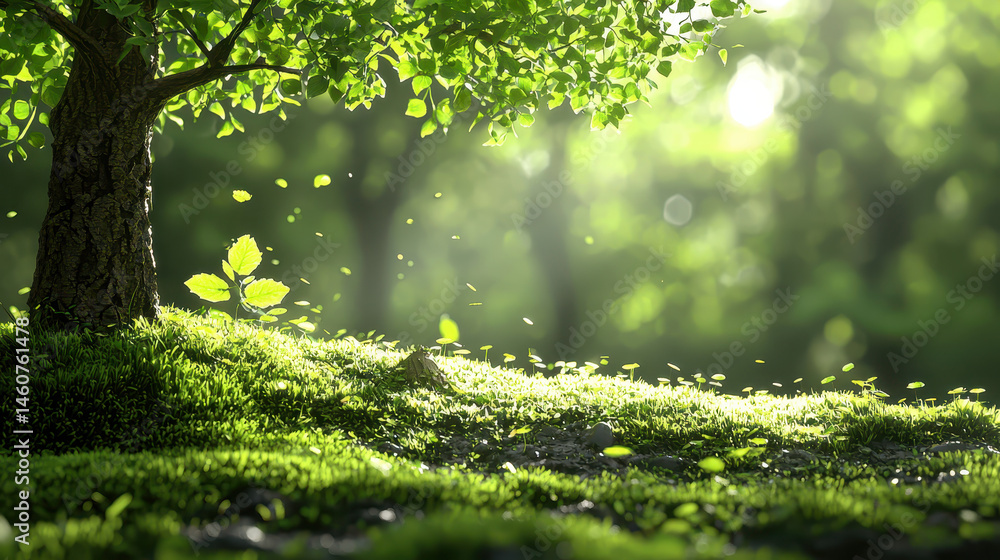 Poster an artistic 3d rende captures a realistic nature exploration with sunlight dappling through leaves i