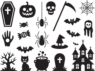 Obraz premium Halloween vector silhouette set with coffin pumpkin spider castle and witch elements