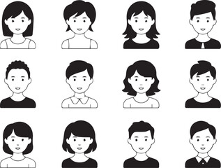 Set of simple line art avatar portraits of diverse people for user profiles