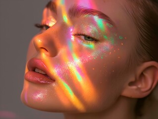 iridescent makeup on woman's face, rainbow hues, close up, artistic style, vibrant look