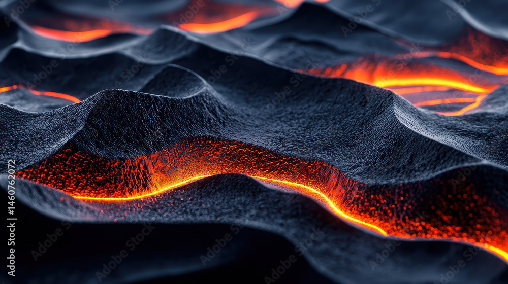Poster a realistic 4k 3d rende of artistic patterns with orange glowing lava flowing through undulating bla