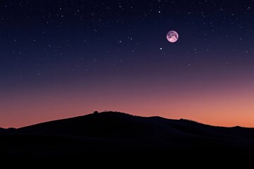 Cosmic scene: glowing moon, planets aligned in sky, hill silhouette in foreground