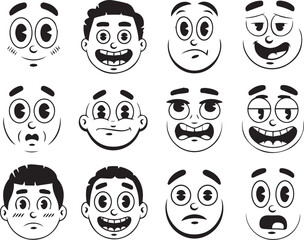 Cartoon character faces with varied emotions in black and white style