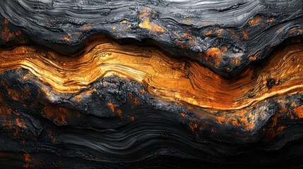 Naklejka premium A realistic 4K 3D background showcases artistic textures with a side angle, depicting a striking contrast of gold flowing through dark woodgrain patterns.