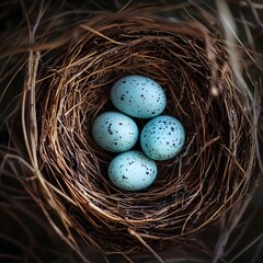 Obraz premium Four pale blue speckled eggs nestled in a bird's nest