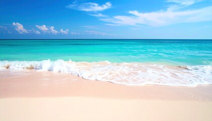 Fototapeta premium Crystal-clear turquoise waves gently lap against soft, sandy beach under a bright blue sky with scattered clouds.