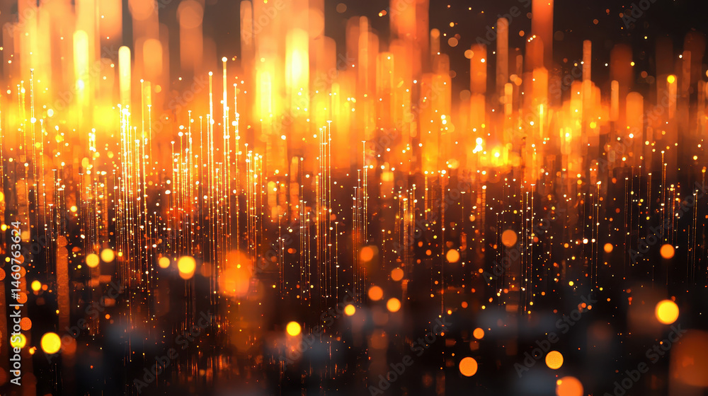 Poster side angle view of 3d rendered o analysis with realistic golden particles rising against a dark back