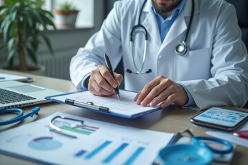 Close-up of a doctor signing medical documents at a desk.