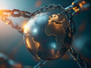 earth globe, metallic chains, dark background, glowing light, abstract digital art