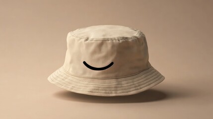 Minimalist studio shot of a trendy beige bucket hat adorned with a simple smile