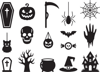 Fototapeta premium Halloween silhouette vector icons set featuring pumpkin skull spider and haunted house