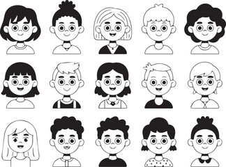 Collection of smiling children faces in black and white outline style illustration
