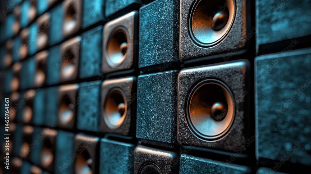 Poster a realistic 4k side angle view of a 3d background with an intricate o design featu multiple speakers