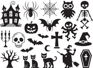 Black and white halloween vector silhouette set with spooky icons and elements