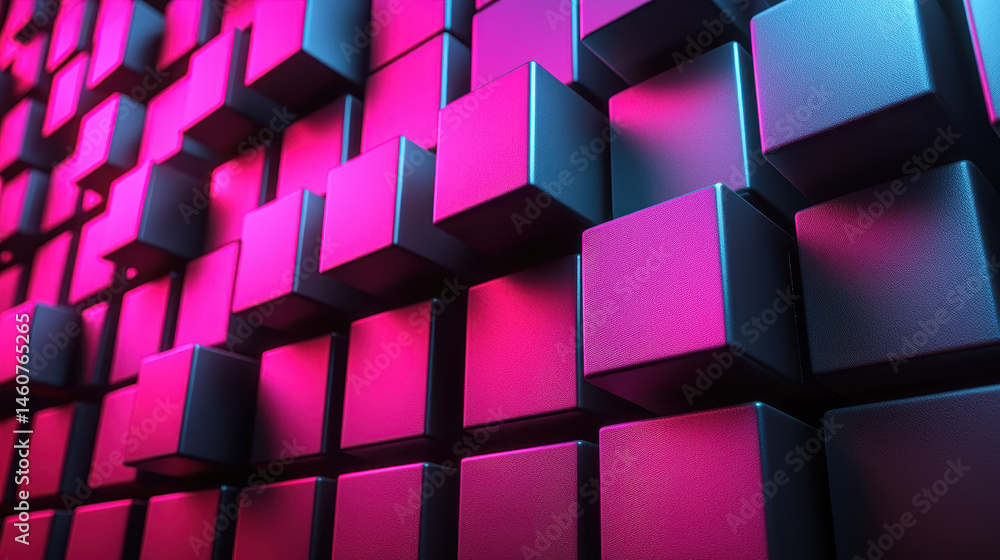 Poster a realistic 4k side angle 3d background of o editing blocks, illuminated in neon pink and blue, crea