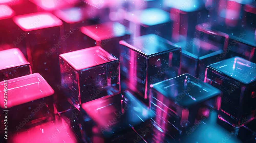 Poster a realistic 4k 3d background showcasing an o exploration with abstract cubes glowing with pink and b