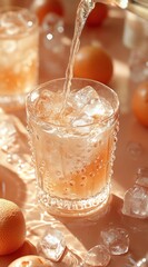 Refreshing beverage being poured into a decorative glass.