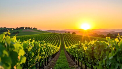 A vineyard at sunset with rows of grapevines stretching into the distance under a golden sky.