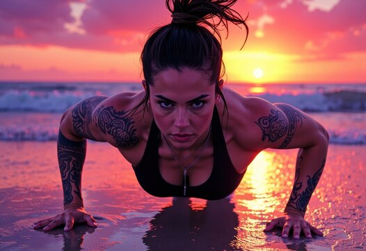 Strong woman doing push-ups on the beach at sunset, showcasing determination