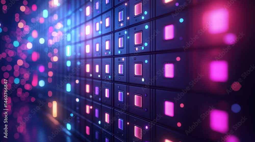 Poster a realistic 4k 3d background shows o modulation through side angles, with digital squares and bokeh,