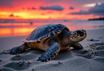 Obraz premium Sea turtle resting on the beach during a vibrant sunset