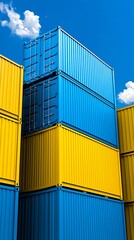 Fototapeta premium Stacked shipping containers, blue and yellow